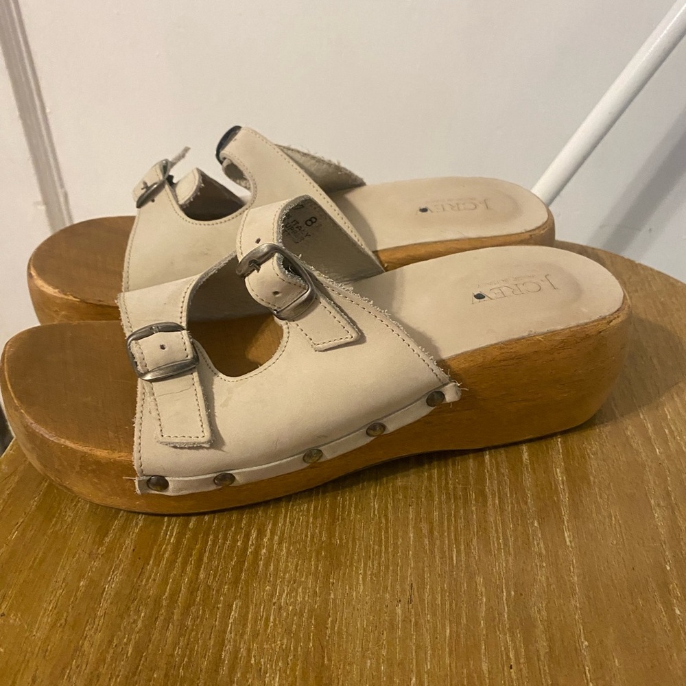 J. Crew Cream Buckle Mules with Wooden Wedge